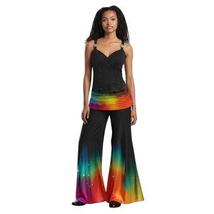 Womens XL Rainbow Galaxy Butterfly Strap Top & Wide Leg Pants Set